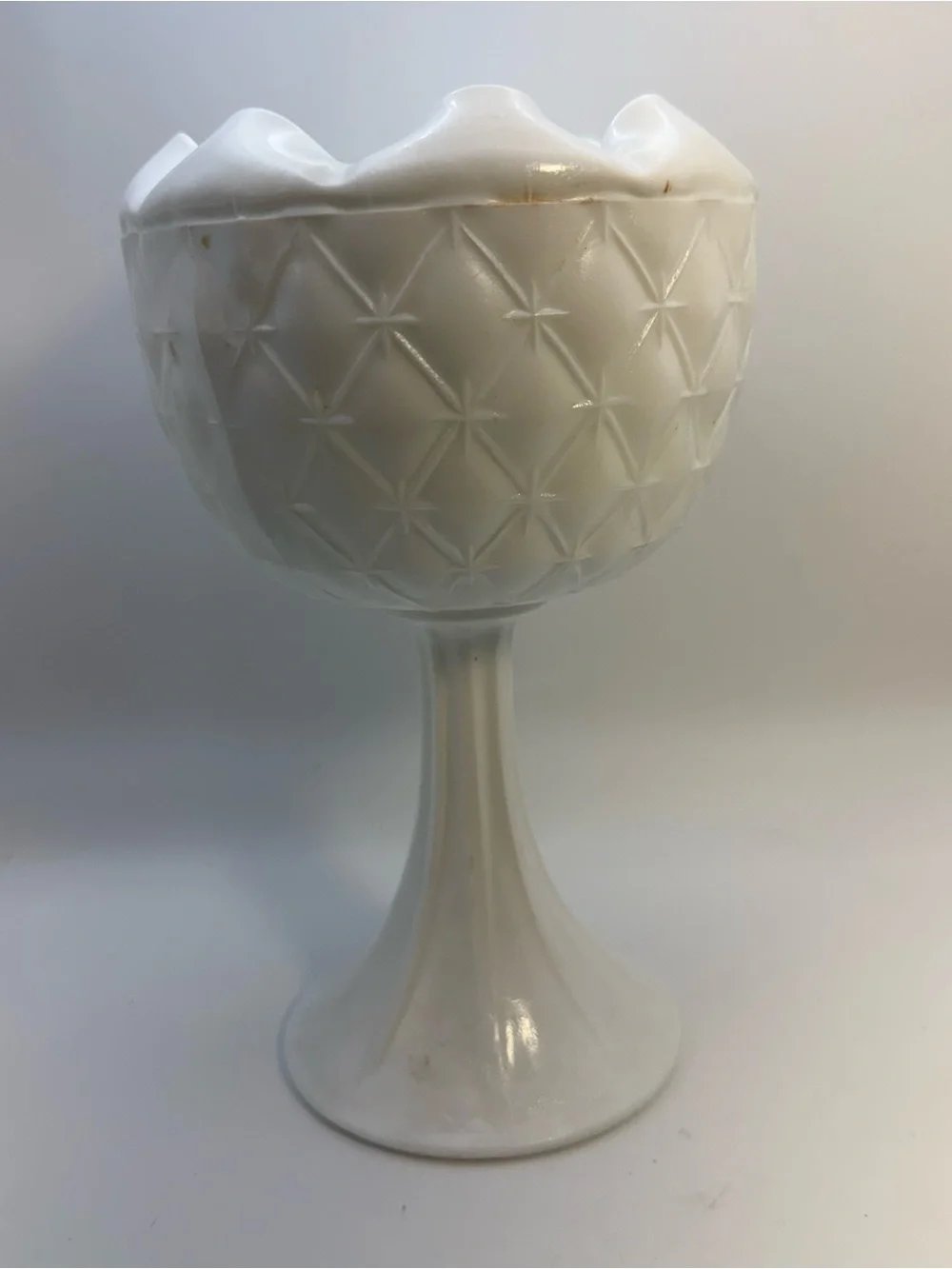 Vintage Milk Glass Compote Candy Pedestal Dish Quilted Duette Pattern 9” Cottage